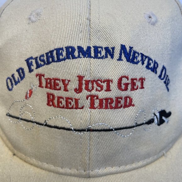 Old Fishermen Never Die They Just Get Reel Tired Strapback Hat Cap Tan - Picture 3 of 14